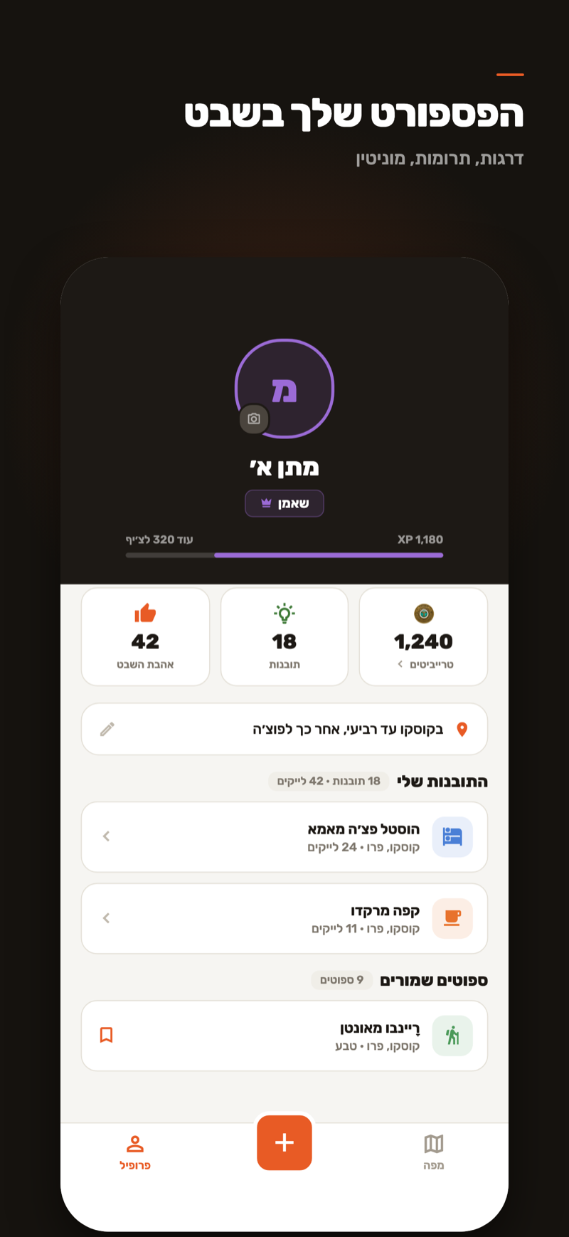 פרופיל המטייל: דרגה, יתרת טרייביטים, ספוטים שמורים ותרומות